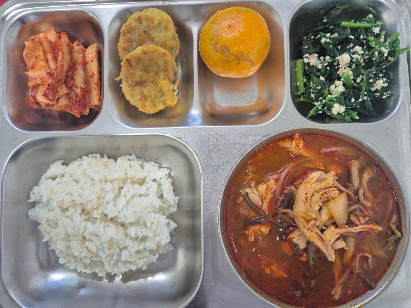 12월4일 식단(발아현미밥,닭개장,계란옷입은에그랑땡,시금치두부참깨무침,깍두기,감귤) 사진