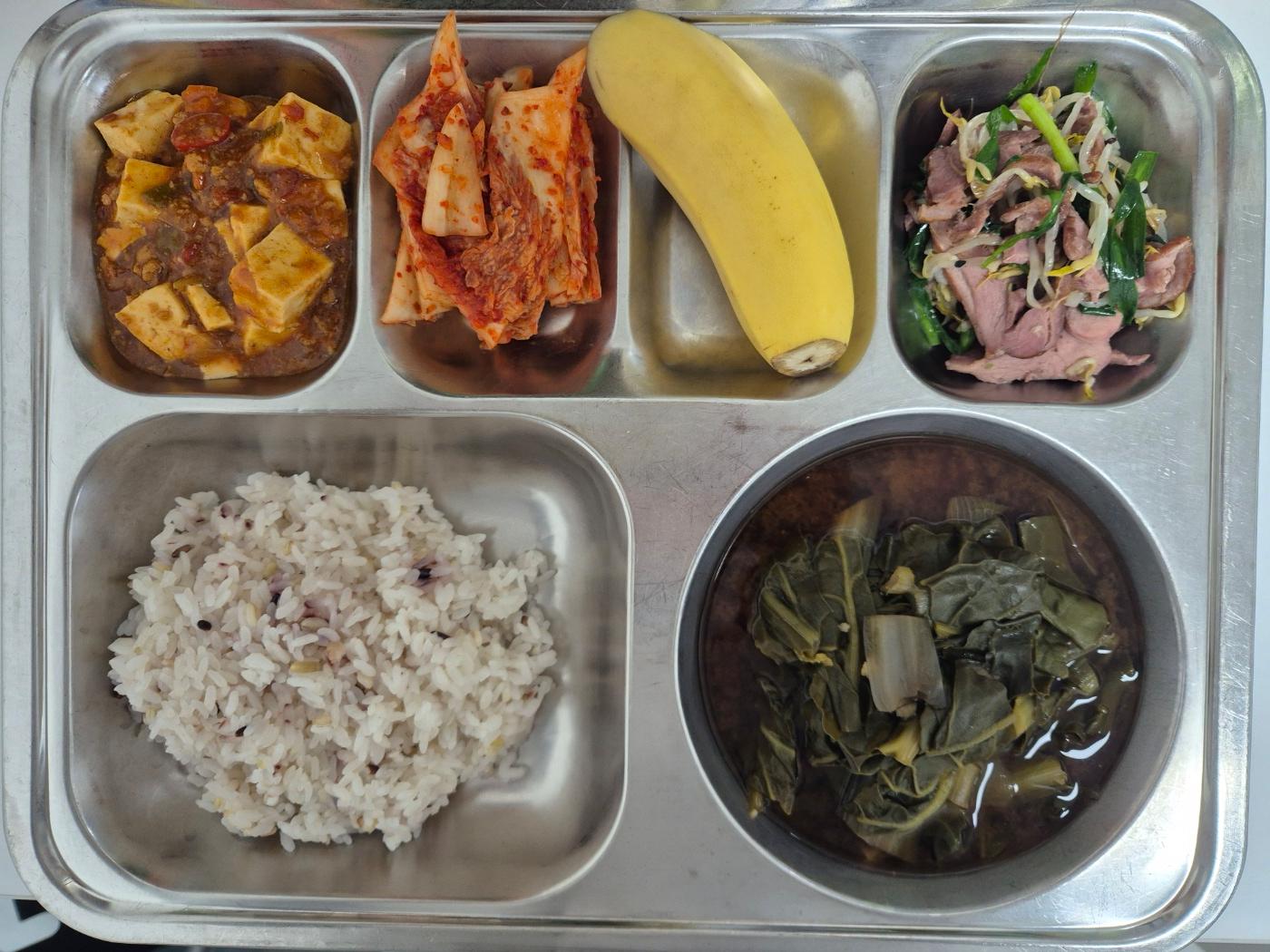 12월8일 식단(혼합잡곡밥,근대된장국,마파두부,훈제오리숙주볶음,배추김치,바나나) 사진