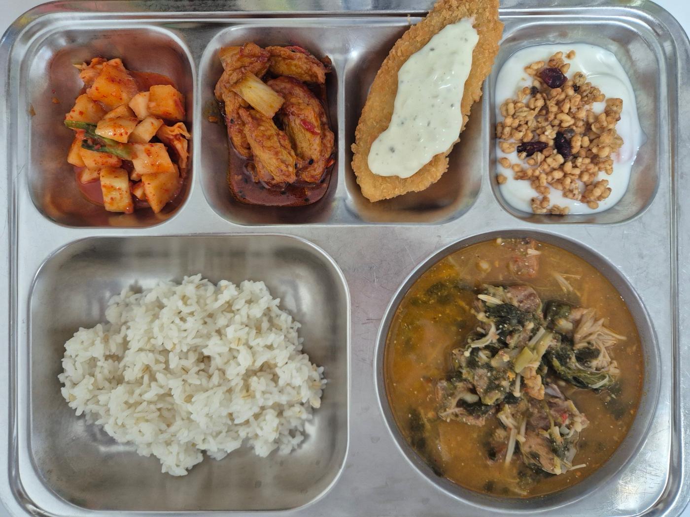 12월16일 식단(찰보리밥,우거지감자탕,우엉어묵조림,DHA함유대구커틀렛,깍두기,수제과일요거트) 사진