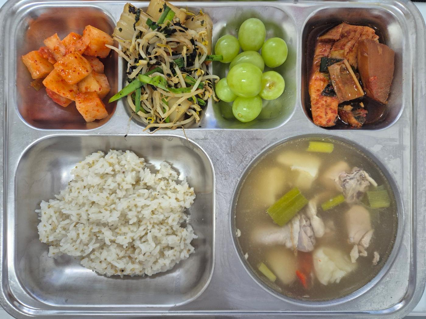 4월13일 식단(차조밥,한방닭곰탕,이면수순살조림,탕평채,깍두기,청포도) 사진